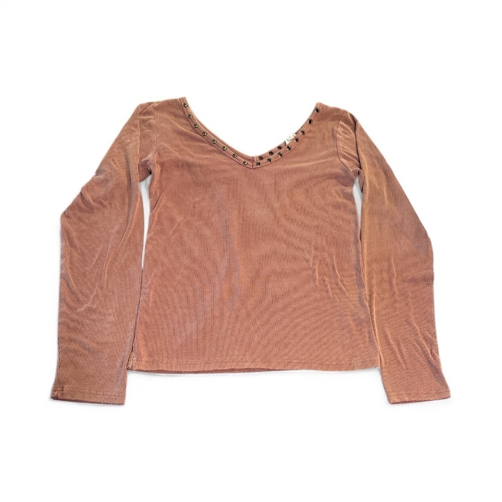 POL Long Sleeve Top Size Small Terracotta Deep V Neckline Studded Stretchy